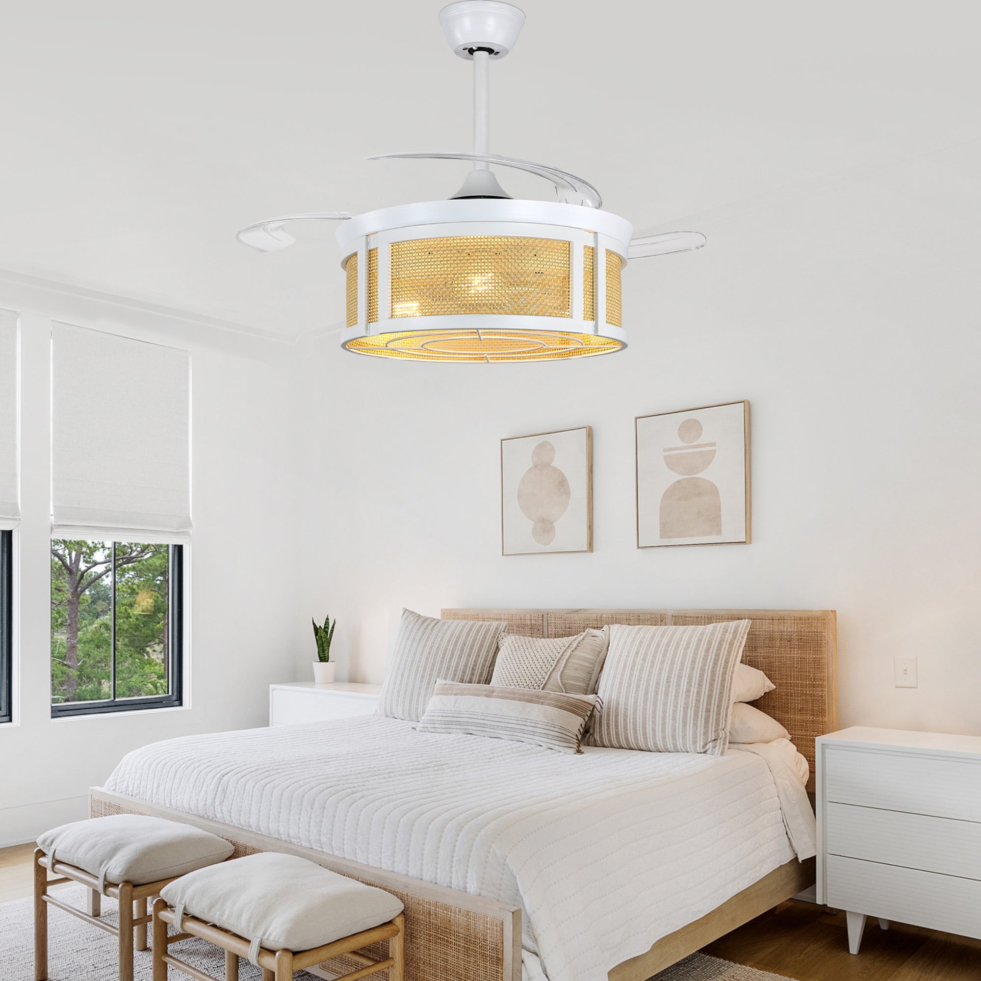 42 Inch White Rattan Retractable Ceiling Fan with Lights and Remote, 6 Speeds DC Motor Bladeless Fandelier Ceiling Fan for Bedroom