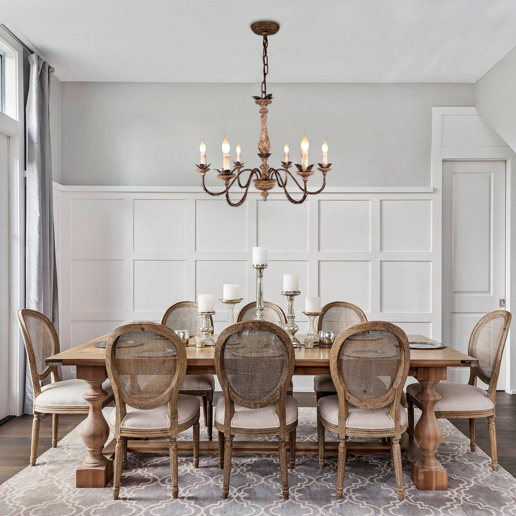 6-Light French Country Wood Chandelier, Rustic Bronze Pendant Lighting, Adjustable Chain Farmhouse Chandelier for Dining Room, Living Room, Foyer