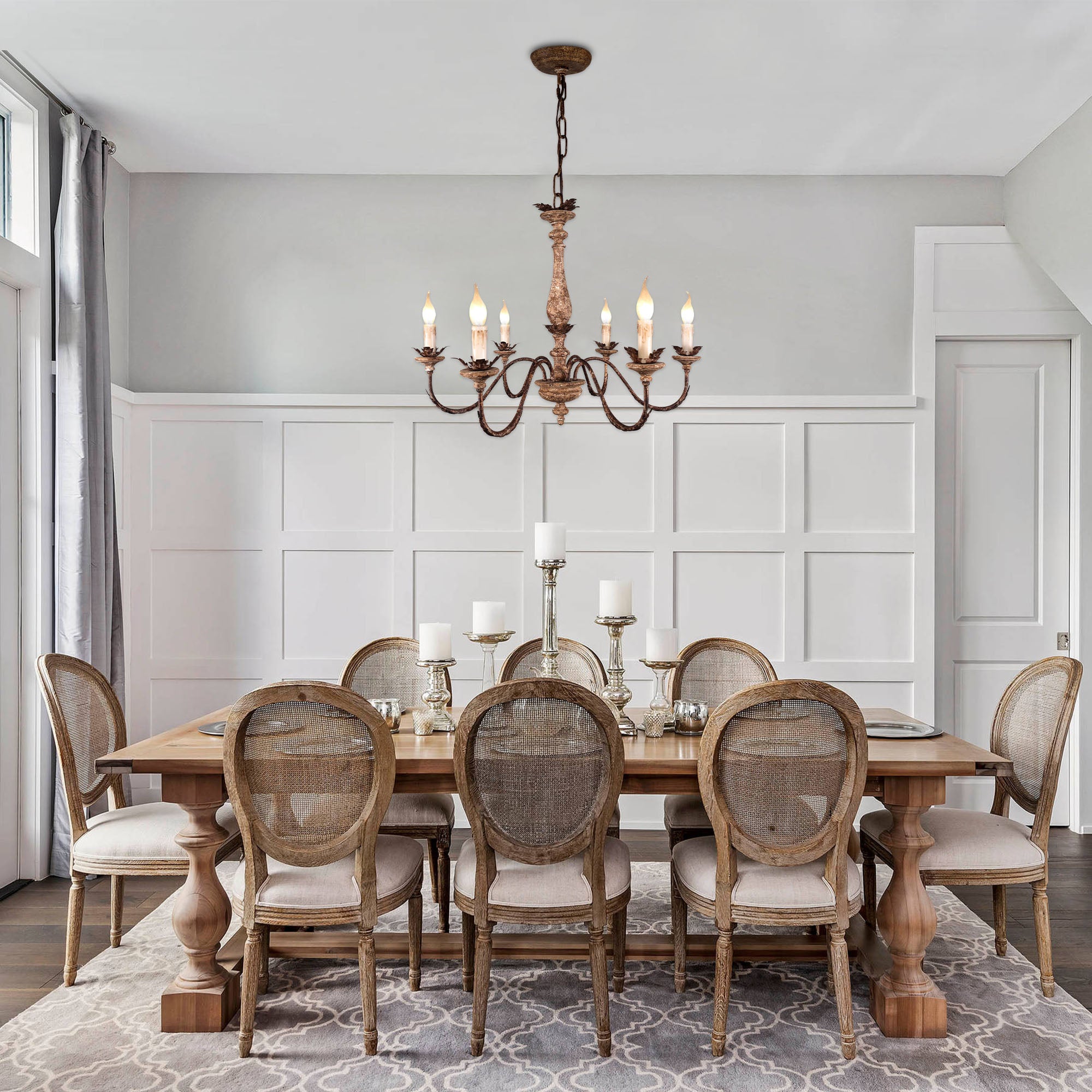 6-Light French Country Wood Chandelier, Rustic Bronze Pendant Lighting, Adjustable Chain Farmhouse Chandelier for Dining Room, Living Room, Foyer
