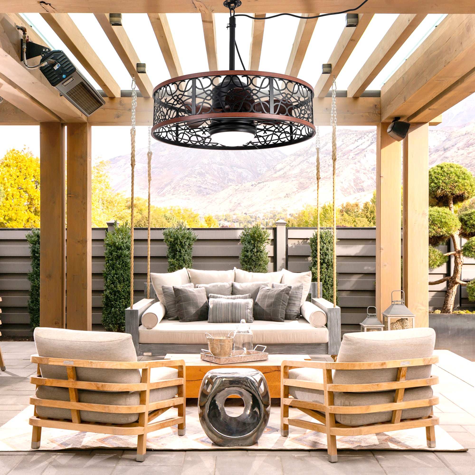 HW2310-GED-BellaDepot 24" Outdoor Iron Carving Caged Ceiling Fan with Remote Control, DC Motor 6 Speeds Fan with LED Lights