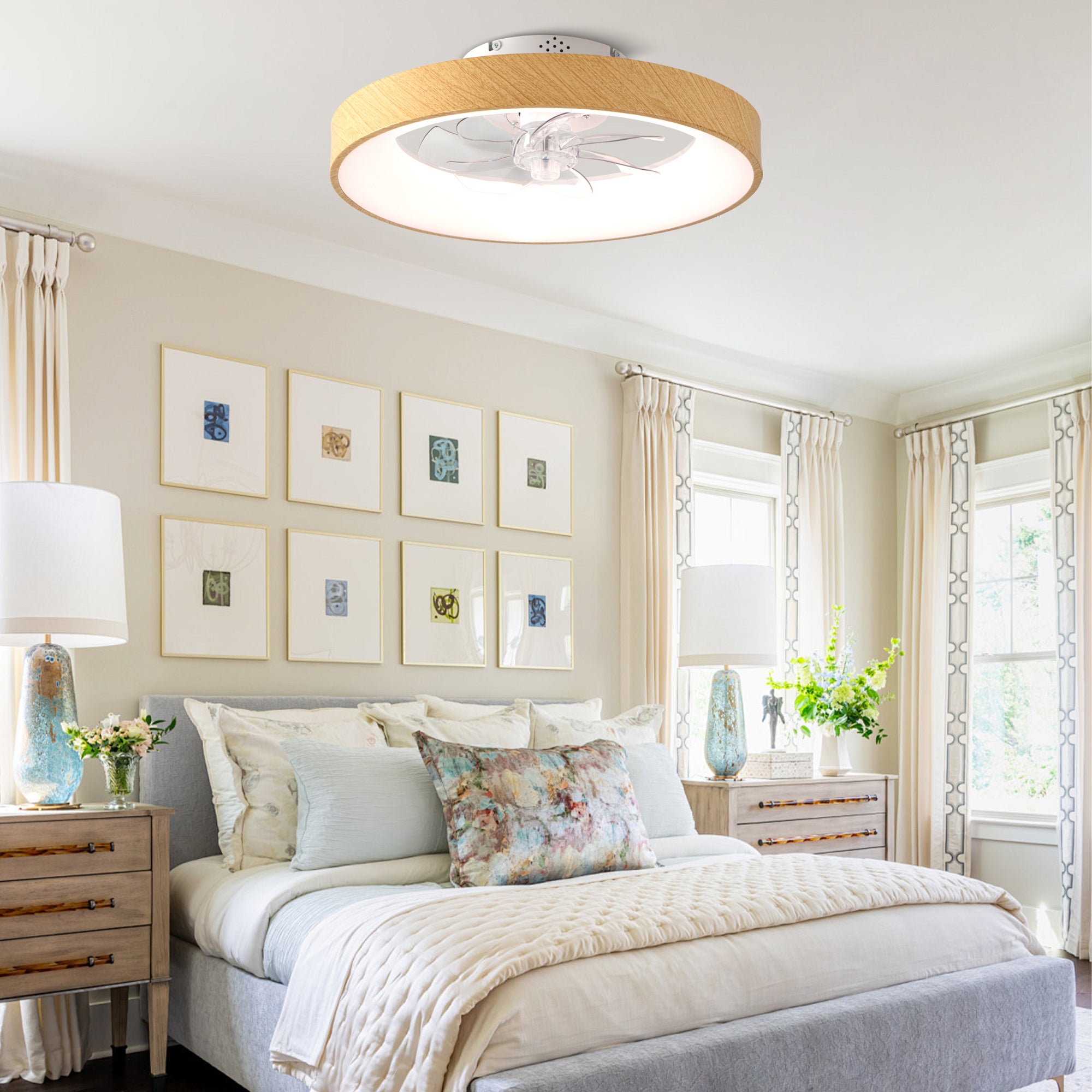 20 Inch Modern Smart Flush Mount Ceiling Fan with Dimmable LED Light, 6-Speed DC Motor Bladeless Ceiling Fan with Remote