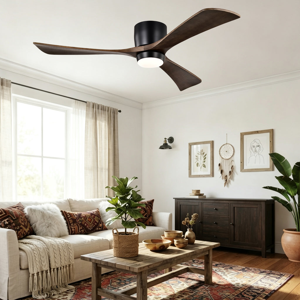 52 Inch Modern Farmhouse Matte Black Flush Mount eiling Fan with Lights & Remote Control, 6 Speed DC Motor Reversible Ceiling Fan
