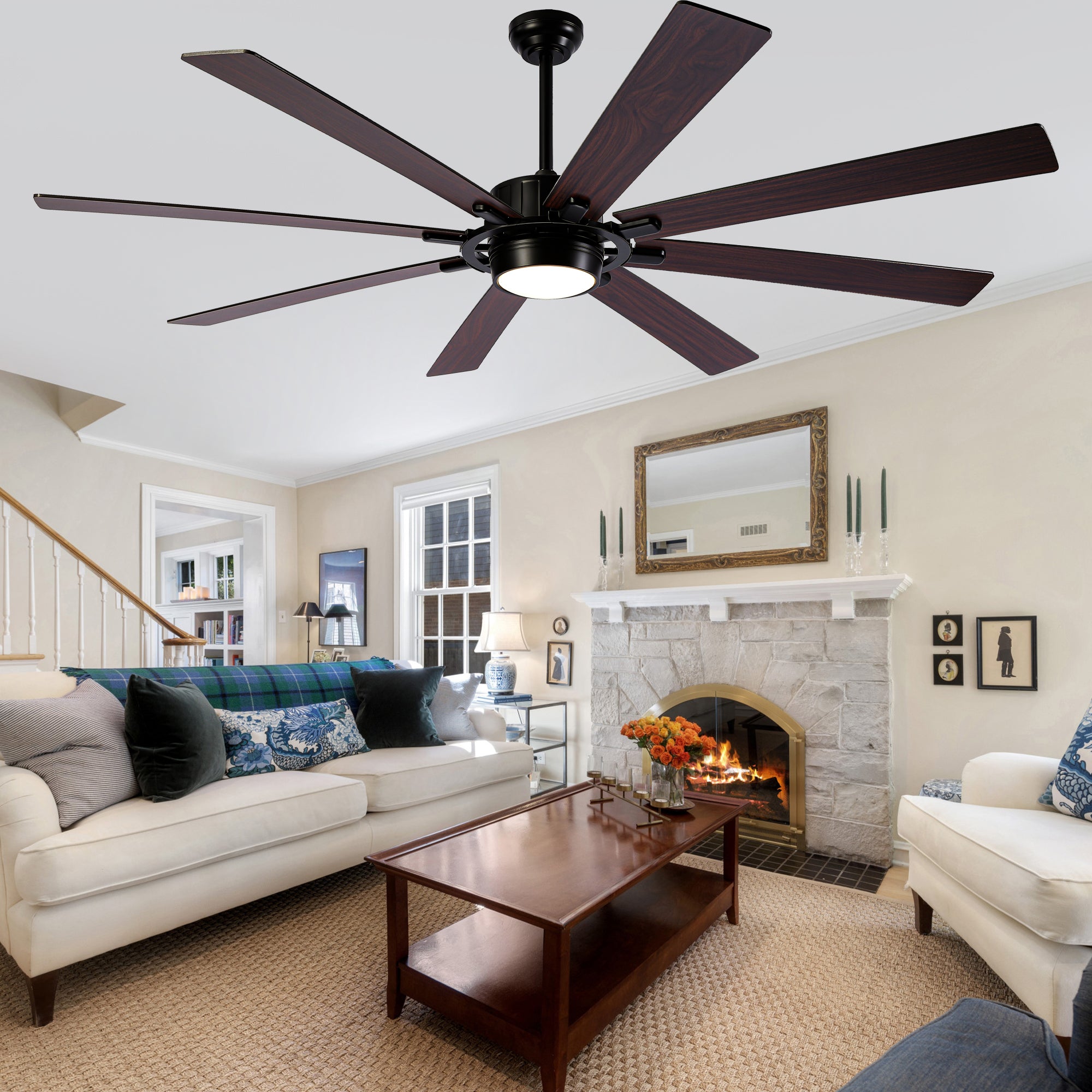 Bella シュシュ - Large 72 Inch 8-Blade Black Farmhouse Extra Large Ceiling Fan with LED
