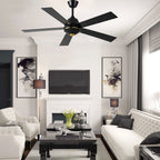 52 Inch Black Modern Ceiling Fan with Remote Control, 6 Speeds DC Motor 5-Blade Reversible Ceiling Fan for Living Room