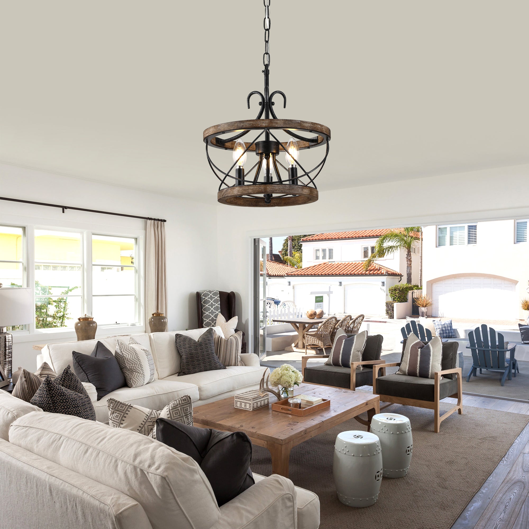 3 - Lights Farmhouse Drum Chandelier, 13" Wooden Chandelier for Dining Room with Height Adjustable