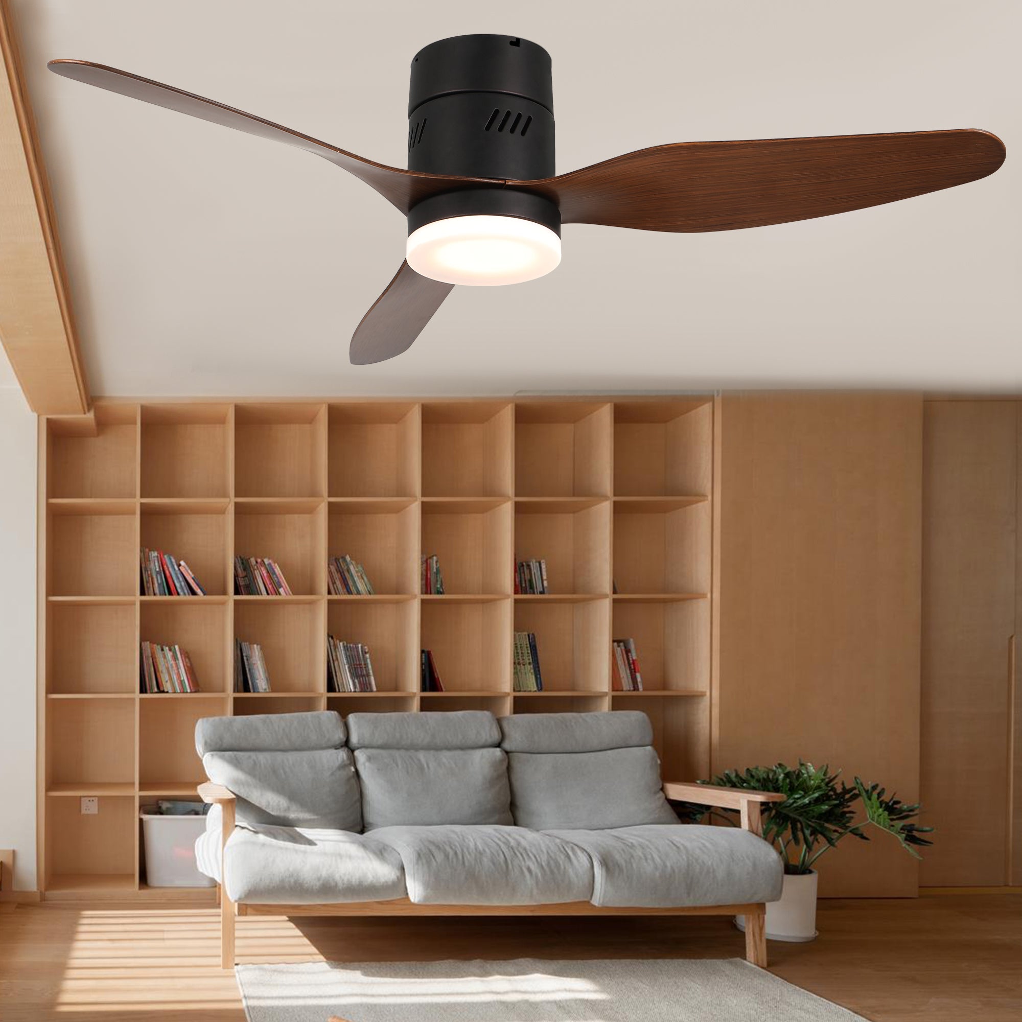 DC4601GED-BellaDepot 46" 3 Blades Simple Modern Flush Mounted Reversible Ceiling Fan with Remote and LED Light Kit Included, 6-speed Dimmable Ceiling Fan