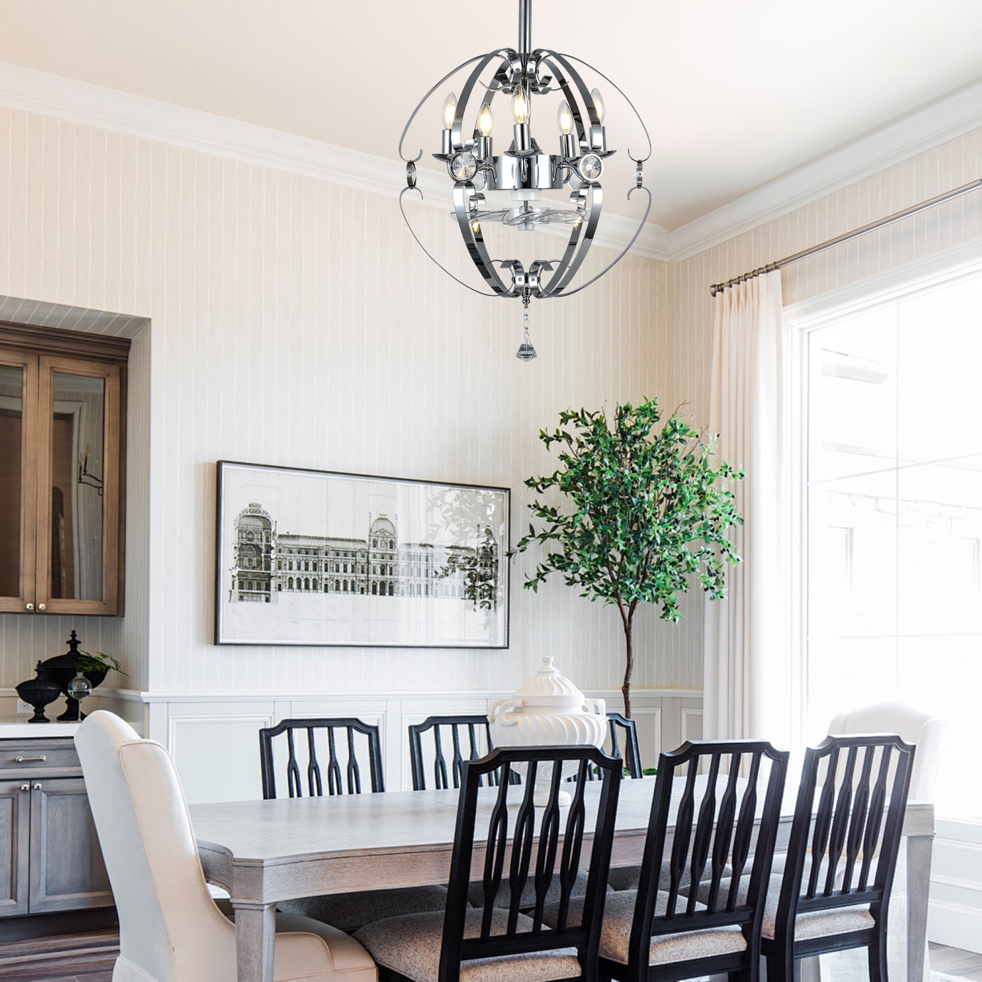 DC2031-BellaDepot 19.7" Silver Finish Luxury Crystal Reversible Ceiling Fan with Remote and 5 Lights, 6-Speed Ceiling Fan