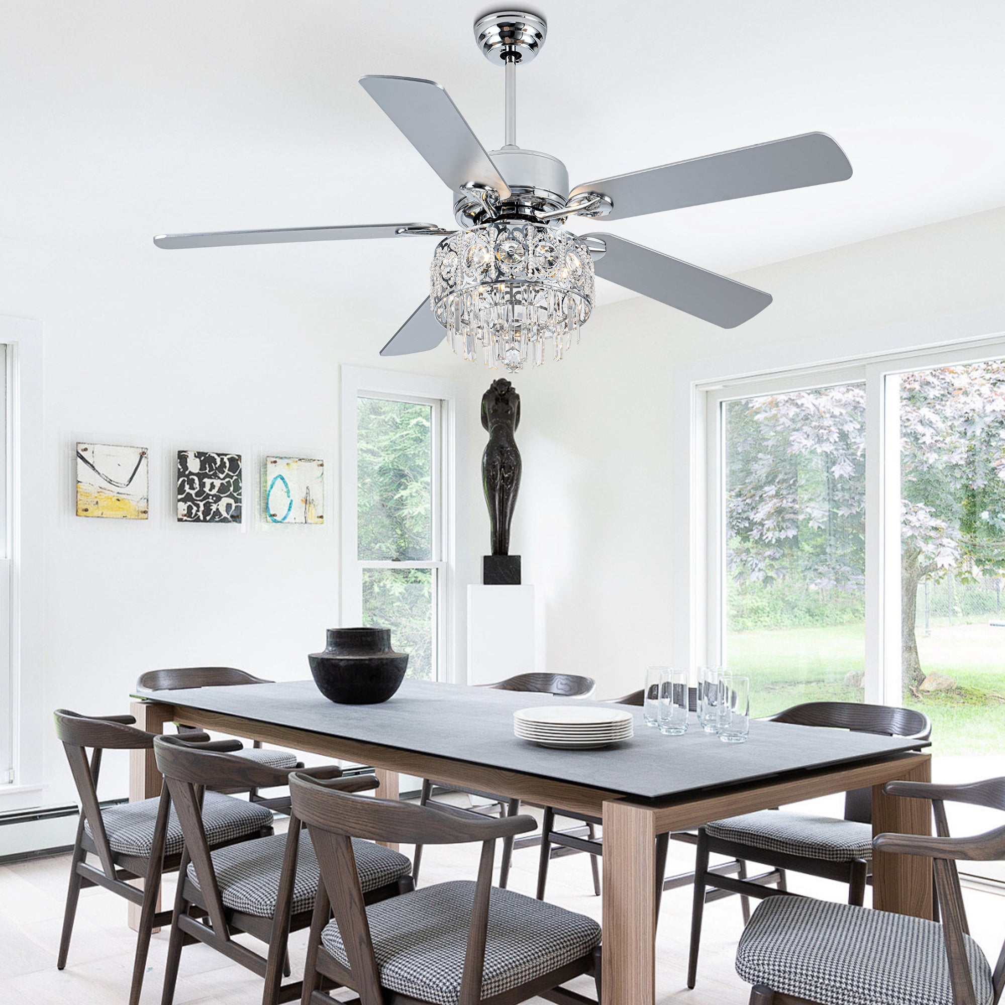 BD2064-BellaDepot 52" Silver Finish Deluxe Crystal Reversible Ceiling Fan with 3 Lights and Remote