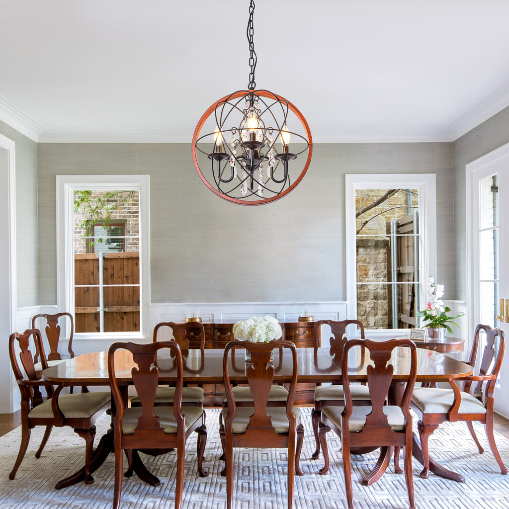 4-Light Crystal Sphere Chandelier, 16.5" Orb Globe Chandelier with Wood Grain Ring, Modern Crystal Chandeliers for Entryway