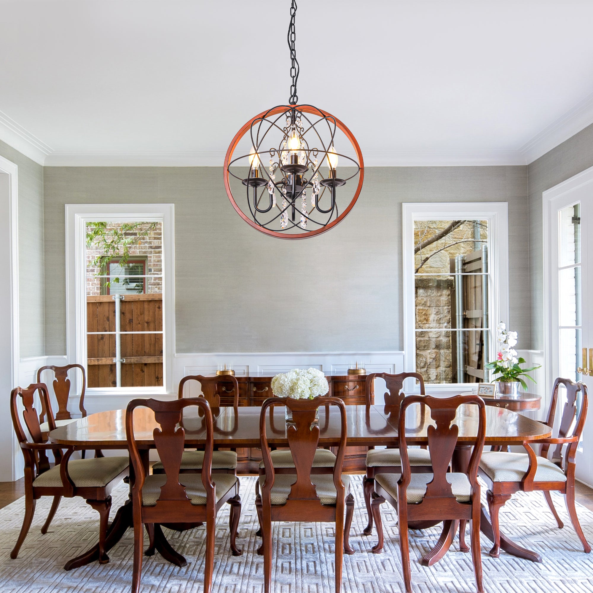 4-Light Crystal Sphere Chandelier, 16.5" Orb Globe Chandelier with Wood Grain Ring, Modern Crystal Chandeliers for Entryway