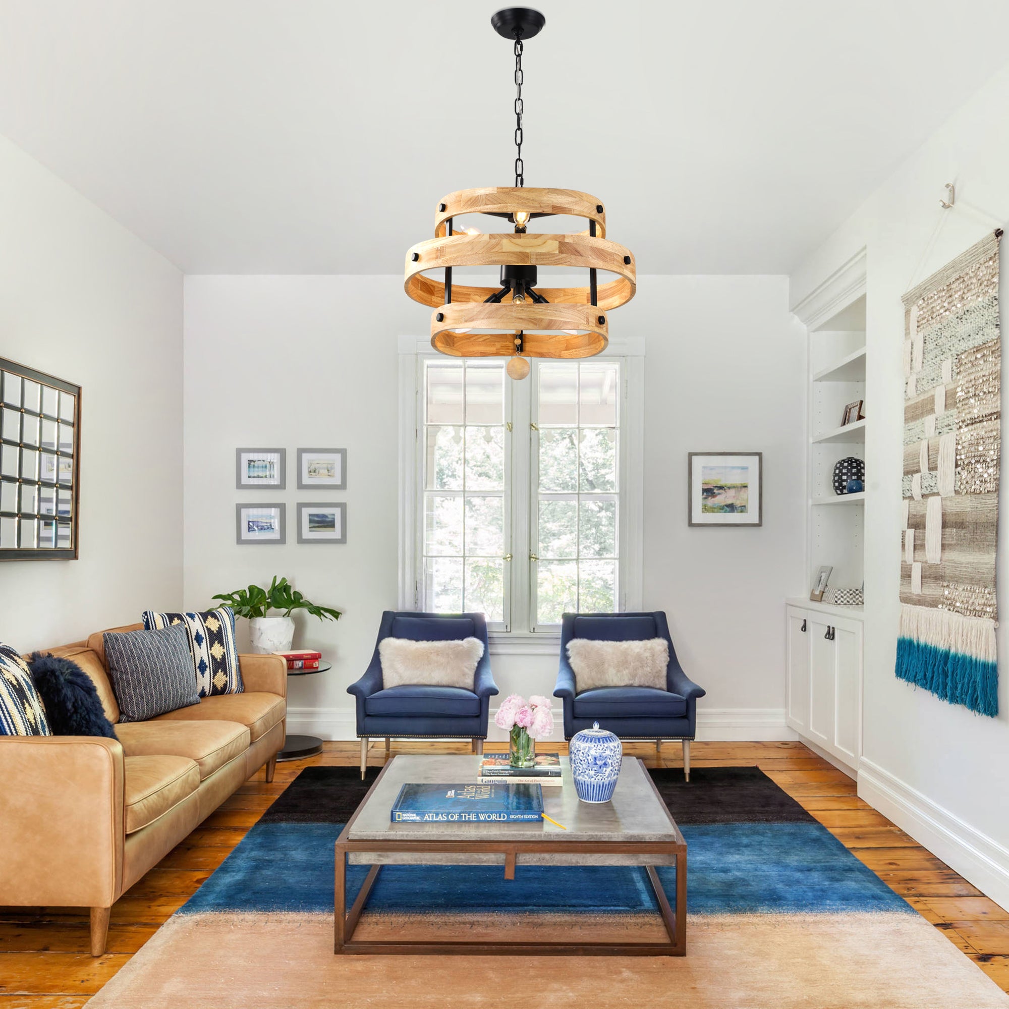 6-Light Farmhouse Weathered Wood Chandelier, 20" 3-Tiered Wooden Chandelier, Rustic Pendant Light for Dining Room