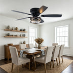 Farmhouse 52 Inch Caged  Flush Mount Ceiling Fan with Light Quiet Reversible DC Motor with 5 Fan Blades Ceiling Fan with Light Remote Control Adjustable 6 Speed Ceiling Fan with Light Suit for Bedrooms, Living Rooms, Kitchens