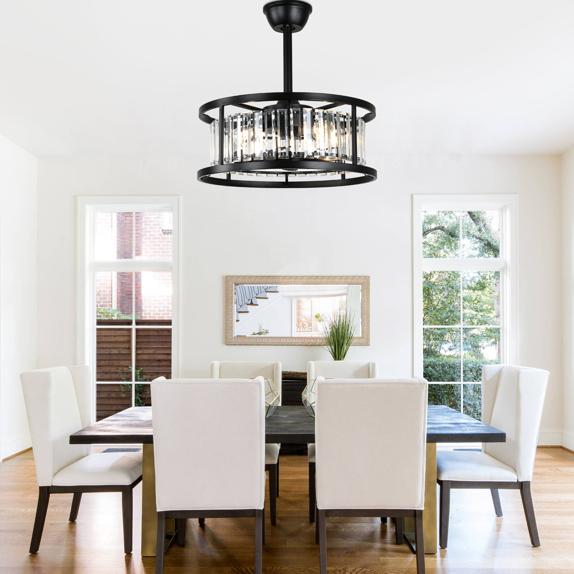 20 Inch Modern Glam Crystal Drum Cage Ceiling Fan with Light and Remote, 6-Speed Reversible DC Motor Bladeless Ceiling Fan with Crystals