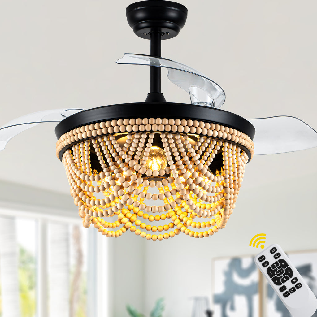 42 Inch Black Bohemian Retractable Ceiling Fan with Lights and Remote, 6 Speeds DC Motor Bladeless Fandelier Ceiling Fan with Wood Beaded Shade