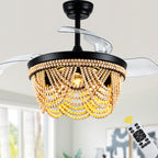 42 Inch Black Bohemian Retractable Ceiling Fan with Lights and Remote, 6 Speeds DC Motor Bladeless Fandelier Ceiling Fan with Wood Beaded Shade