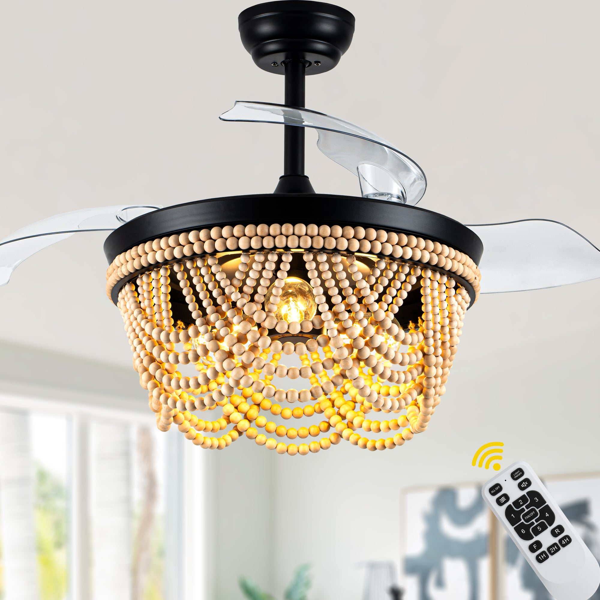 42 Inch Black Bohemian Retractable Ceiling Fan with Lights and Remote, 6 Speeds DC Motor Bladeless Fandelier Ceiling Fan with Wood Beaded Shade