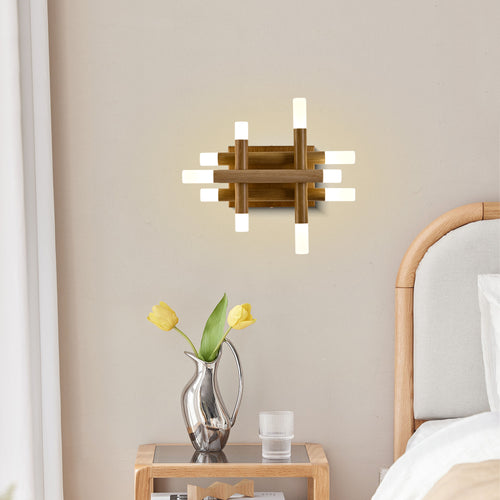 13 Inch Light Brown Farmhouse Wood Flush Mount Wall Sconces with LED Lights, Rustic Wall Light for Hallway Bedroom