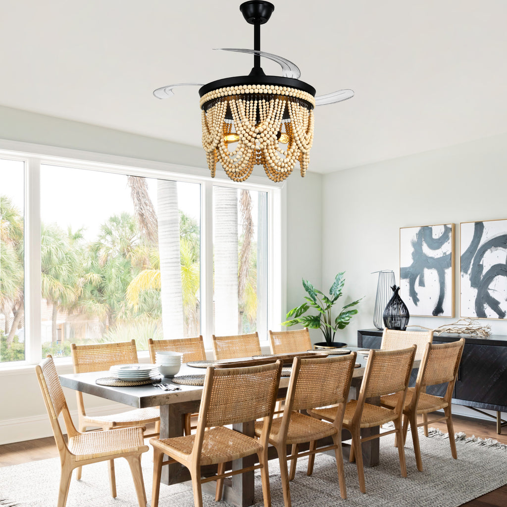 42 Inch Black/Gold/White Boho Retractable Ceiling Fan with Lights and Remote, 6 Speeds DC Motor Bladeless Ceiling Fan with Wood Beaded Shade