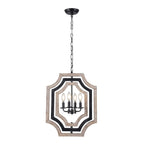 4 - Lights Distressed Wood Chandelier with Adjustable Chain, 16.9" Geometric Chandelier for Entryway with DIY Shade