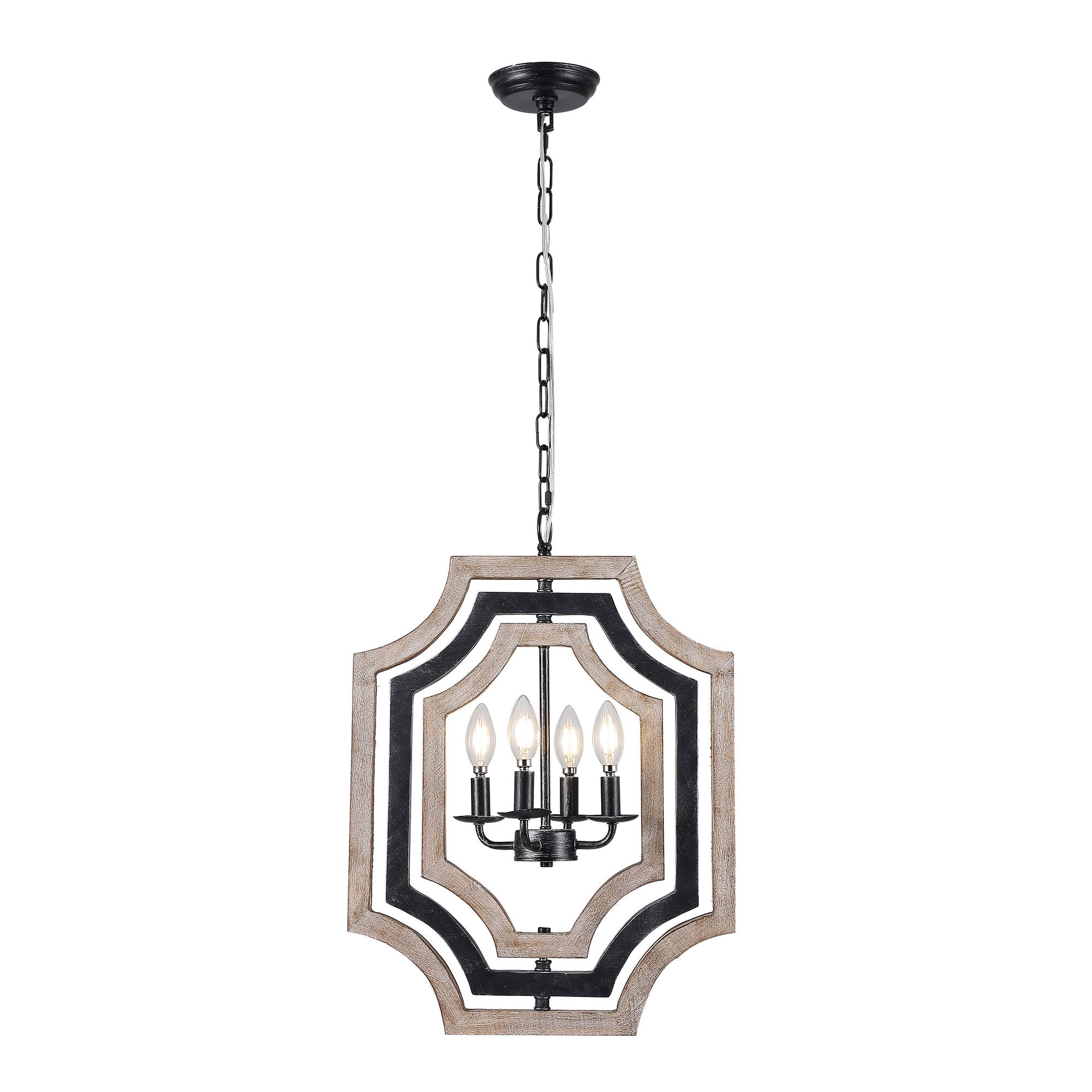 4 - Lights Distressed Wood Chandelier with Adjustable Chain, 16.9" Geometric Chandelier for Entryway with DIY Shade