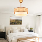 20 Inch Gold Bohemian Drum Ceiling Fan with Lights and Remote, 6 Speeds DC Motor Reversible Bladeless Fandelier Ceiling Fan with Wood Beaded Shade
