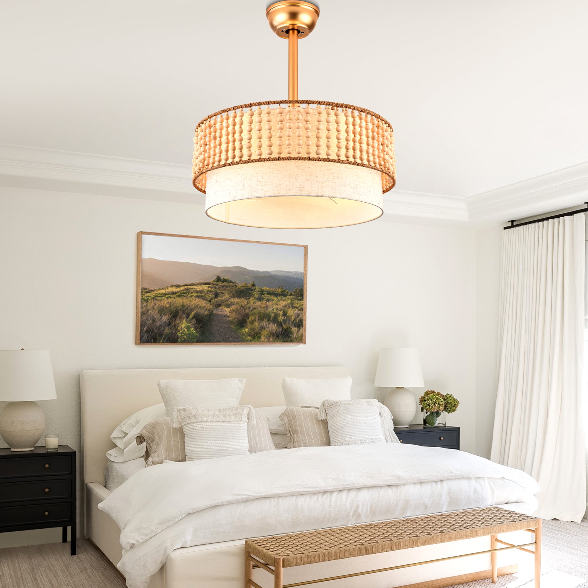20 Inch Gold Bohemian Drum Ceiling Fan with Lights and Remote, 6 Speeds DC Motor Reversible Bladeless Fandelier Ceiling Fan with Wood Beaded Shade