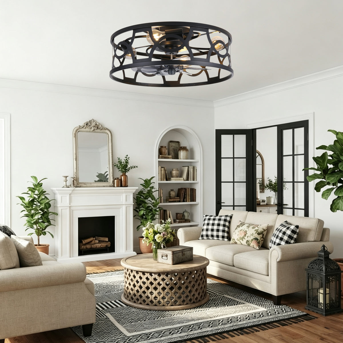Industrial 20 Inch Caged Flush Mount Ceiling Fan with Light Quiet Reversible DC Motor with Remote Control Small Ceiling Fan Modern 7 Blades Ceiling Fan with Light Suit for Bedroom，Kitchen