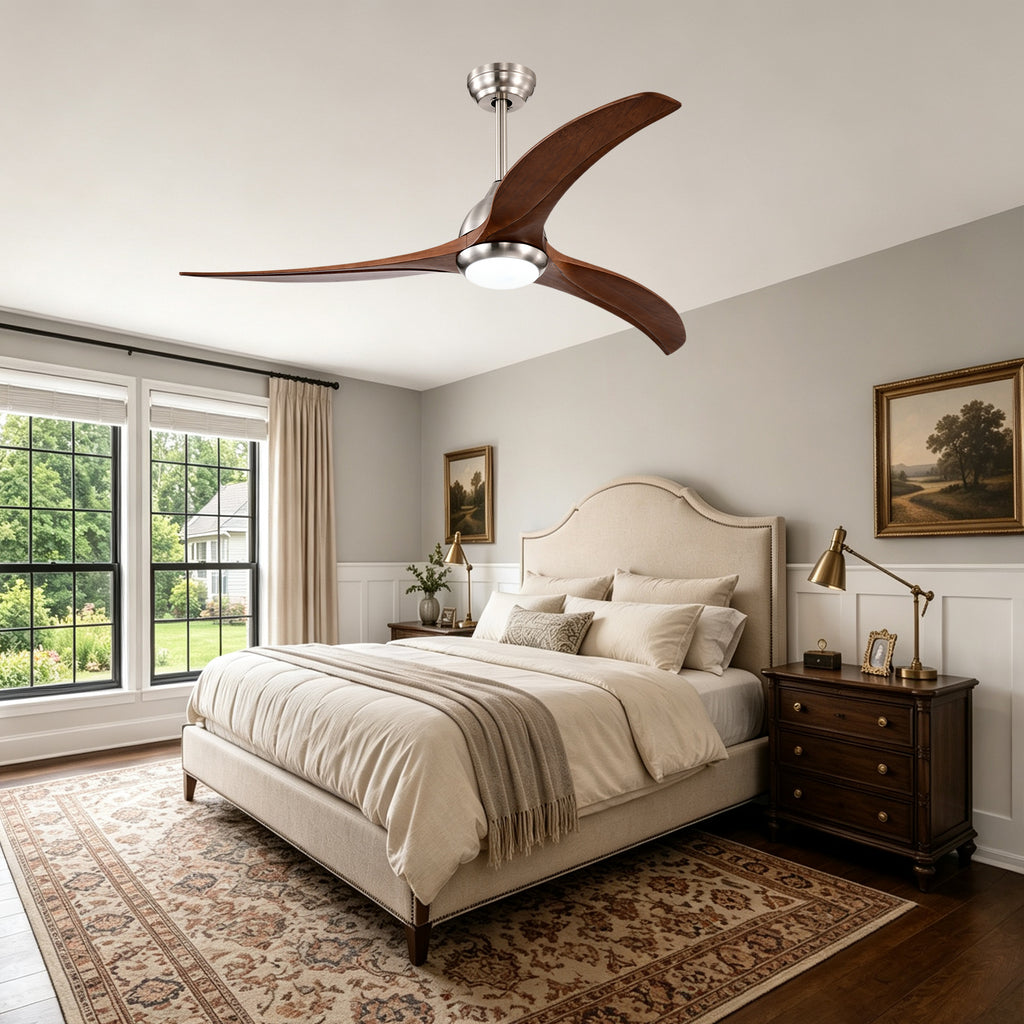 52 Inch Modern Stain Nickel Walnut Wood Ceiling Fan with Lights & Remote Control, 6 Speed DC Motor Reversible Ceiling Fan