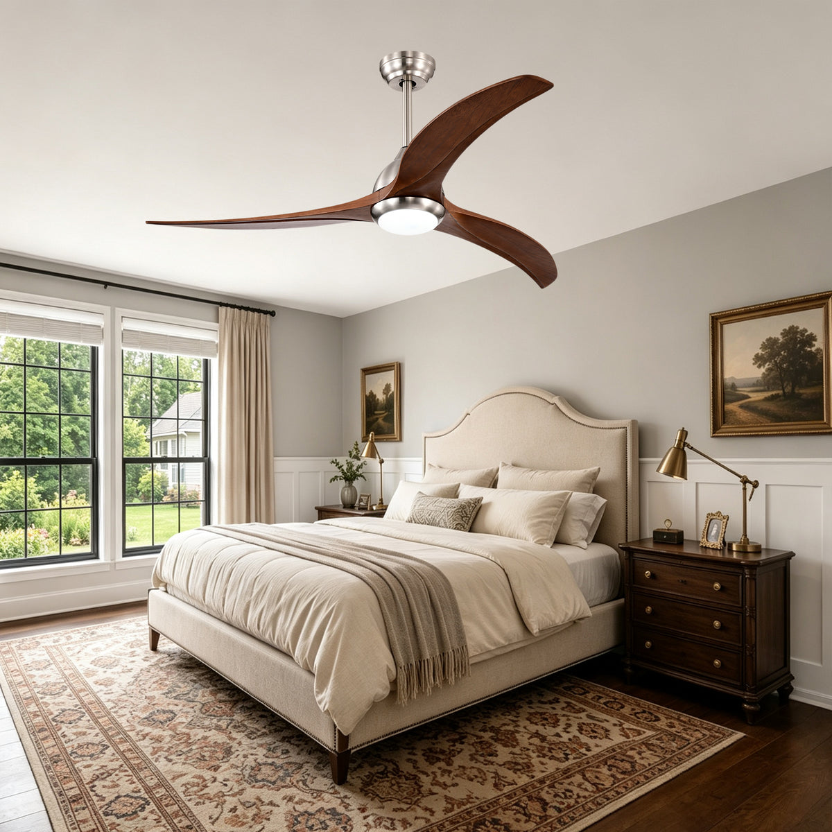 52 Inch Modern Stain Nickel Walnut Wood Ceiling Fan with Lights & Remote Control, 6 Speed DC Motor Reversible Ceiling Fan