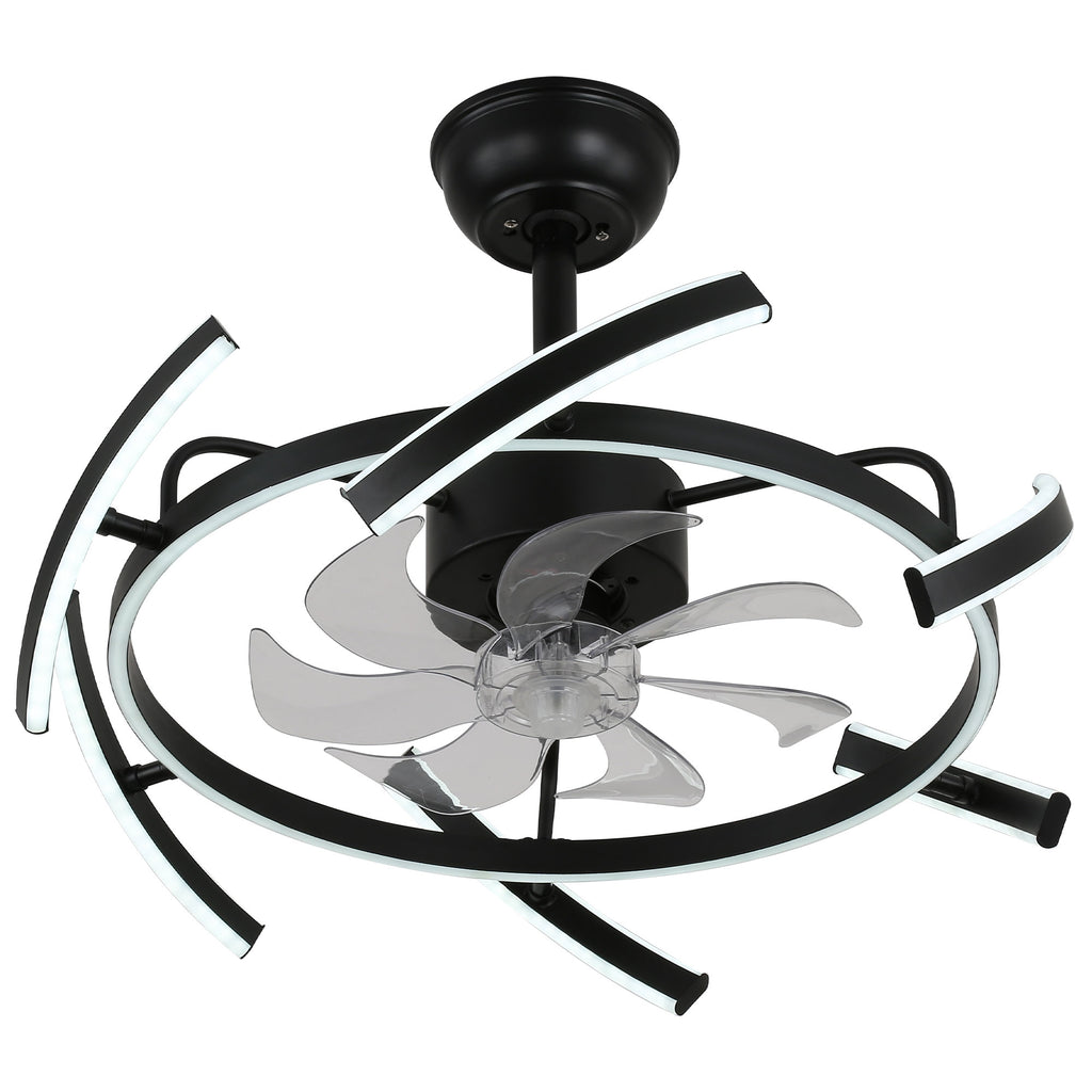 24 Inch Black Modern Smart Ceiling Fan with Dimmable LED Light and Remote, 6 Speeds DC Motor Reversible Bladeless Ceiling Fan with DIY Shape