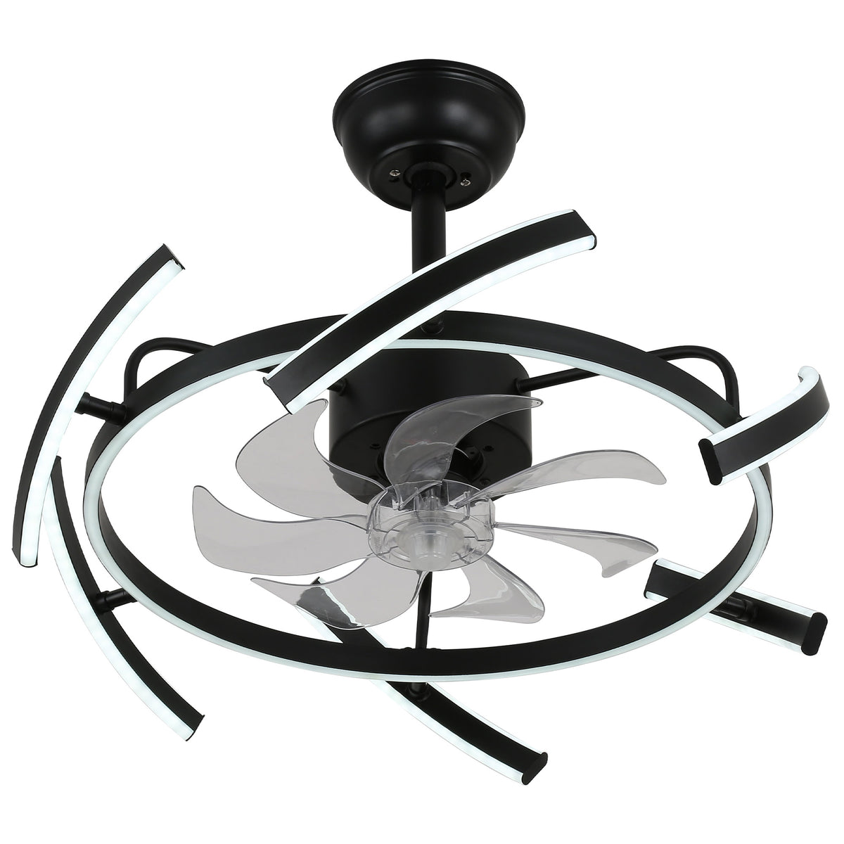24 Inch Black Modern Smart Ceiling Fan with Dimmable LED Light and Remote, 6 Speeds DC Motor Reversible Bladeless Ceiling Fan with DIY Shape