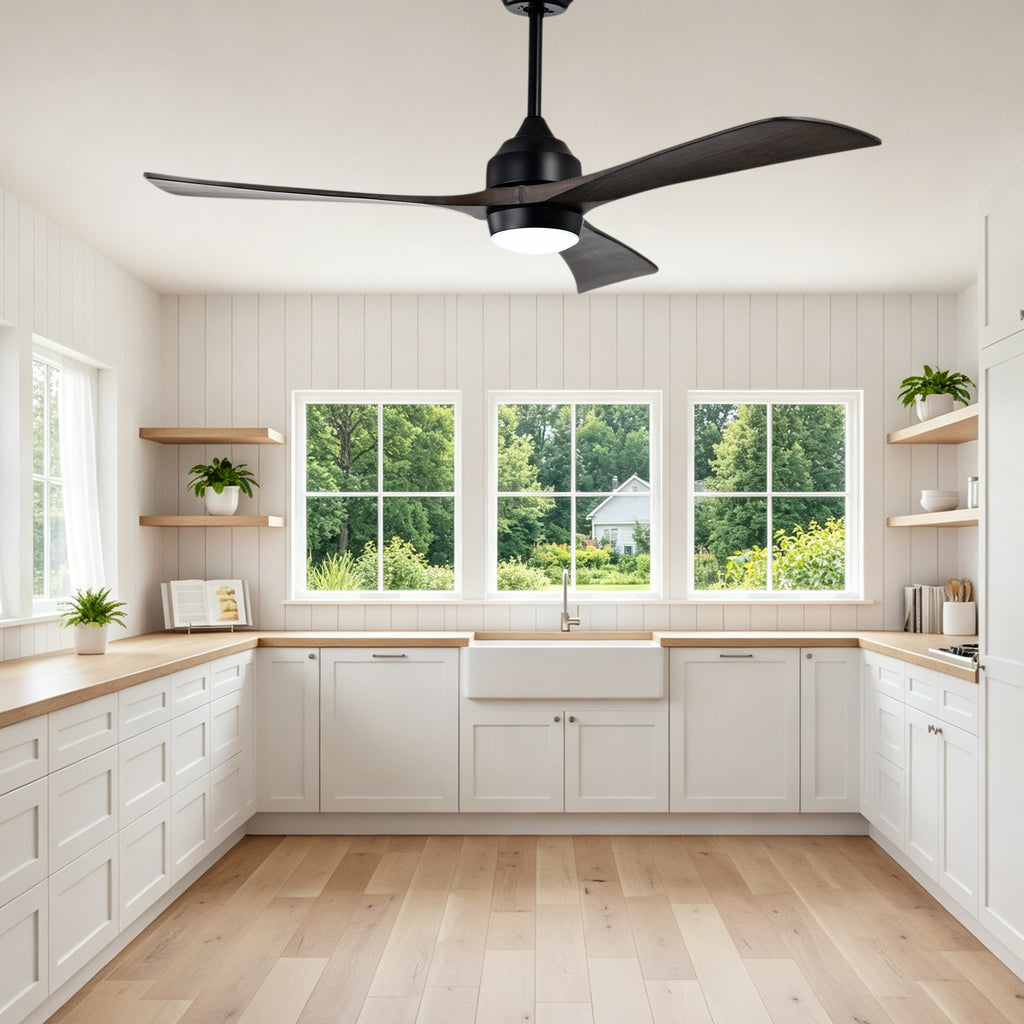 52 Inch Modern Farmhouse Black 3 Blade Ceiling Fan with Lights & Remote Control, 6 Speed DC Motor Reversible Ceiling Fan