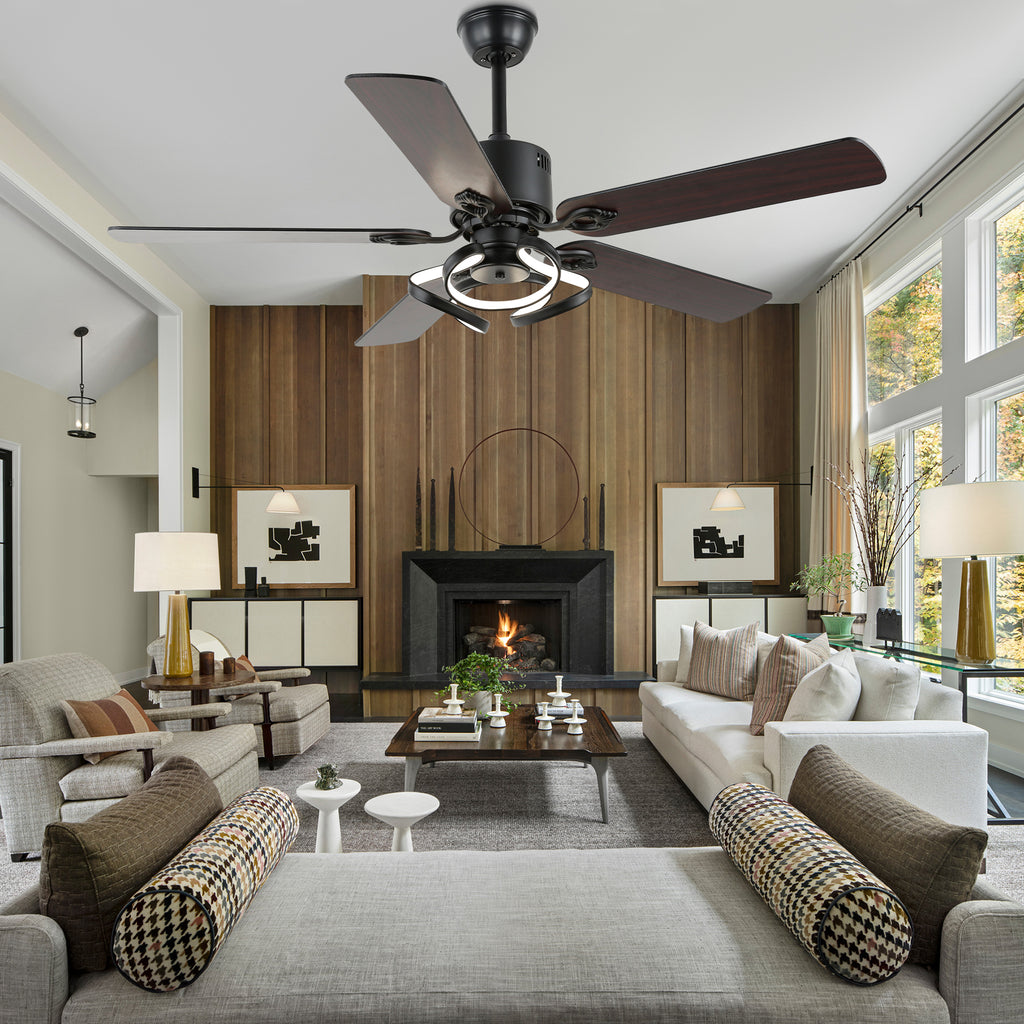 52 Inch Black/Chrome Modern Ceiling Fan with Led Light and Remote Control, 6 Speeds DC Motor Reversible Ceiling Fan for Living Room
