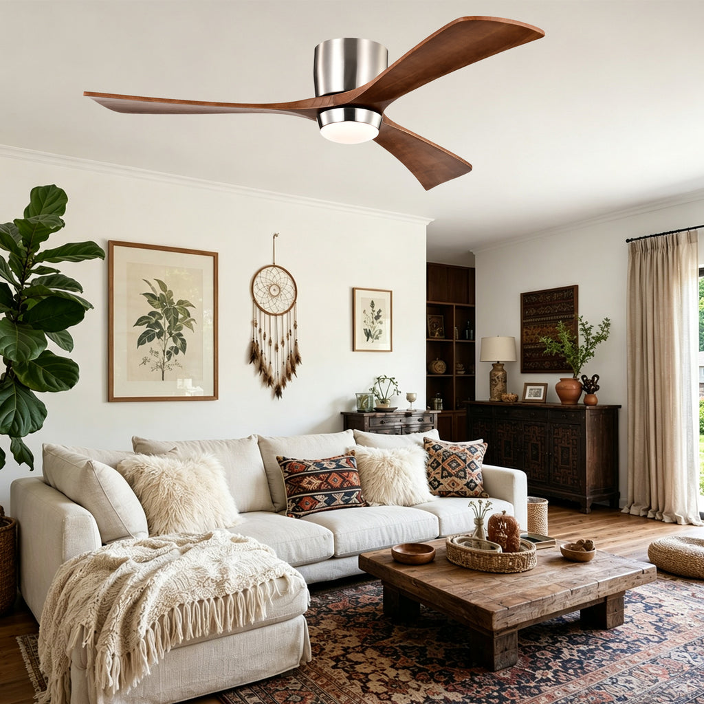 52 Inch Modern Farmhouse Stain Nickel Flush Mount Ceiling Fan with Lights & Remote Control, 6 Speed DC Motor Reversible Ceiling Fan
