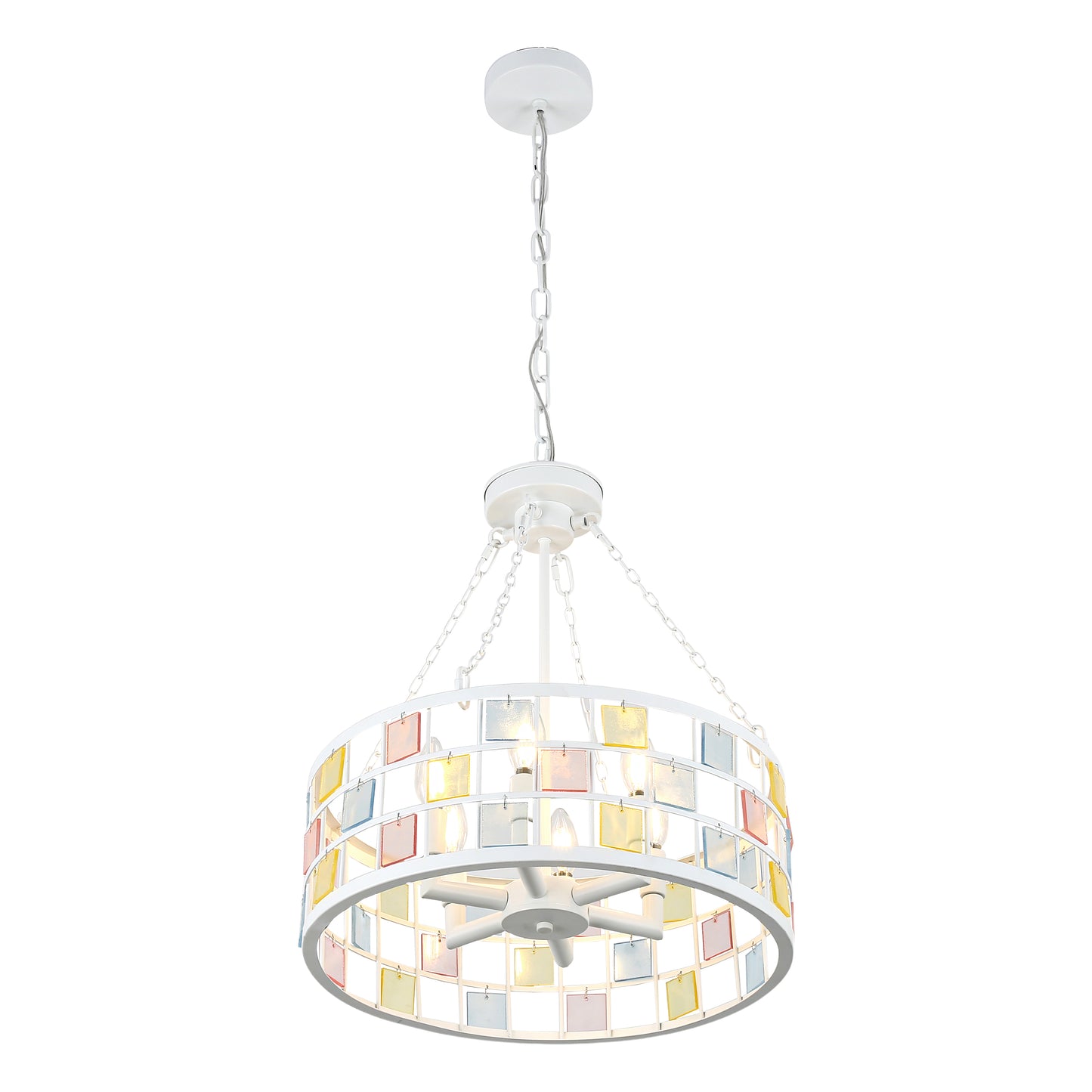 BD4084-W-18" Modern Colorful Accents White Metal Caged Chandelier, Pendant Light, with Adjustable Chain and 6 Lights