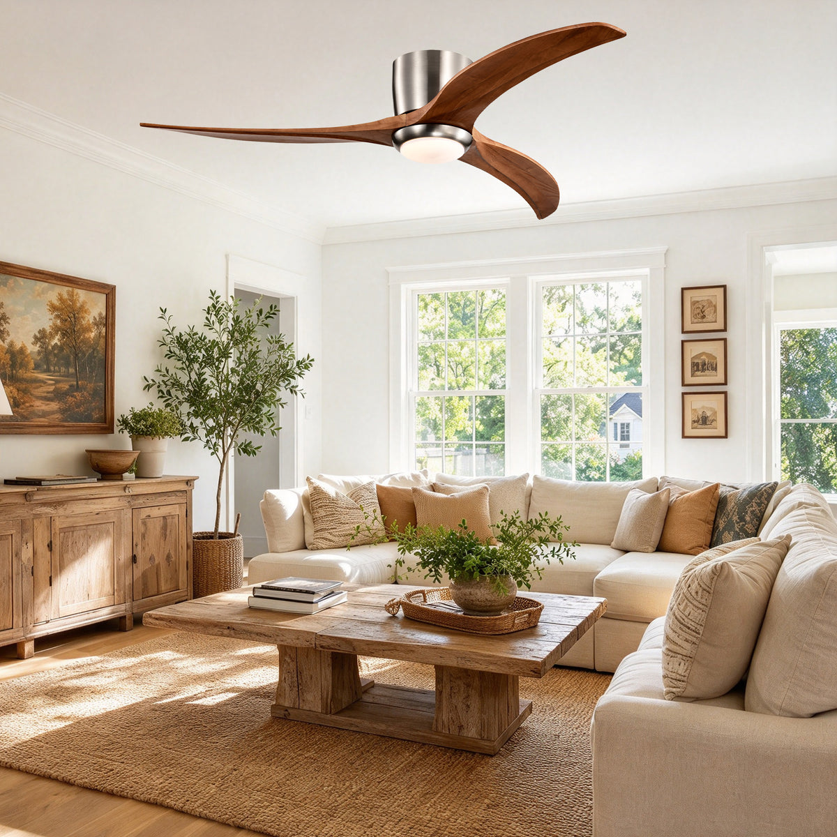 Farmhouse 52 Inch Flush Mount Ceiling Fan with LED Light Quiet DC Motor Ceiling Fan with Light 6-Speed Remote Control Ceiling Fan with Light Suit for Bedrooms, Living Rooms, Kitchens