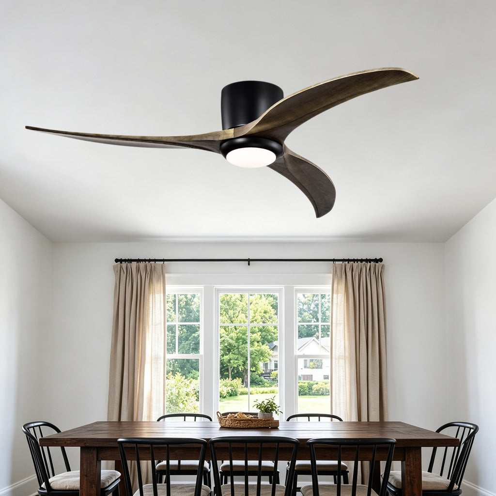 52 Inch Modern Farmhouse Flush Mount Solid Wood Blade Ceiling Fan with Lights & Remote Control, 6 Speed DC Motor Reversible Ceiling Fan
