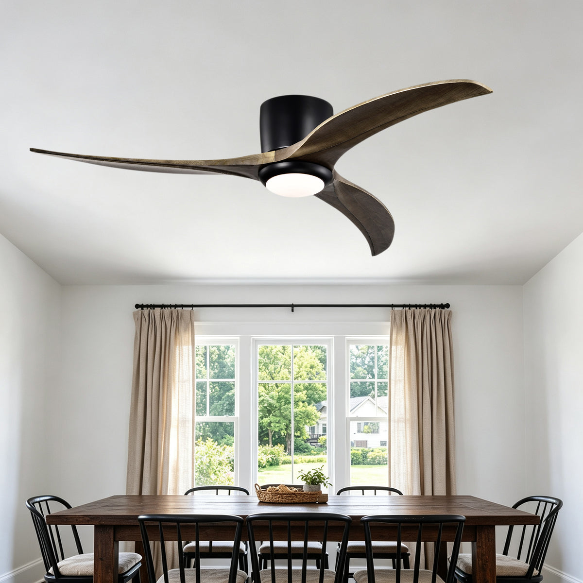 52 Inch Modern Farmhouse Flush Mount Solid Wood Blade Ceiling Fan with Lights & Remote Control, 6 Speed DC Motor Reversible Ceiling Fan
