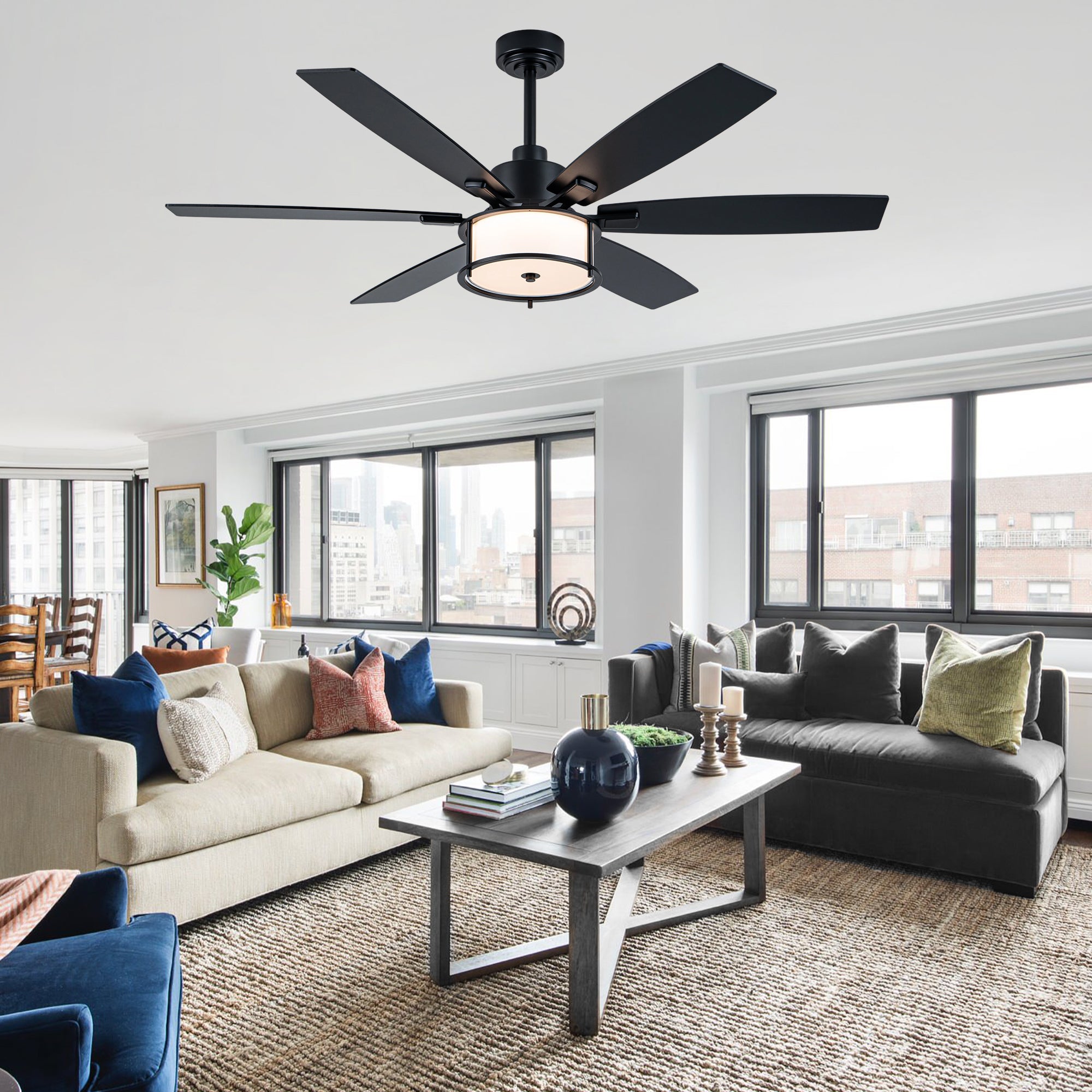 60 Inch Black Farmhouse Large Ceiling Fan with Dimmable 3CCT LED Light and Remote, 6 Speeds DC Motor Reversible Ceiling Fan for Large Rooms