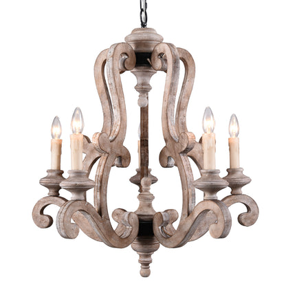 FC4004-5 Light, 25" Wooden Chandelier with Candelabra Bulb Base, Pendant Lamps, for Dining Room Bedroom Living Room