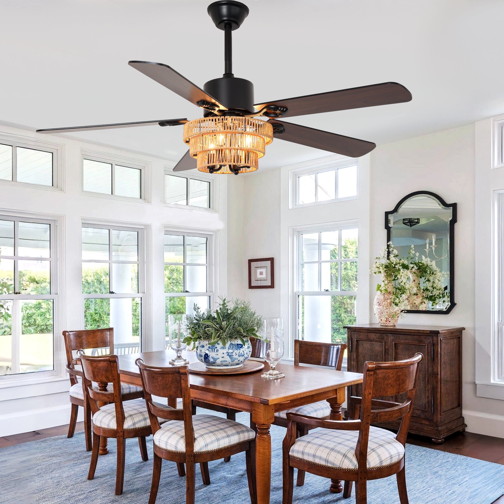 DC5221-BellaDepot 52" Farmhouse Brown Rattan Caged Ceiling Fan with Remote Control, 5 Blades Standard Ceiling Fan with Lights