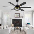 Modern 60 Inch Industrial Caged Ceiling Fan with Light Reversible Quiet DC Motor with 6 Speed Remote Control Ceiling Fan Adjustable Down Rodes Ceiling Fan with Light Suit for Bedroon,Living Room