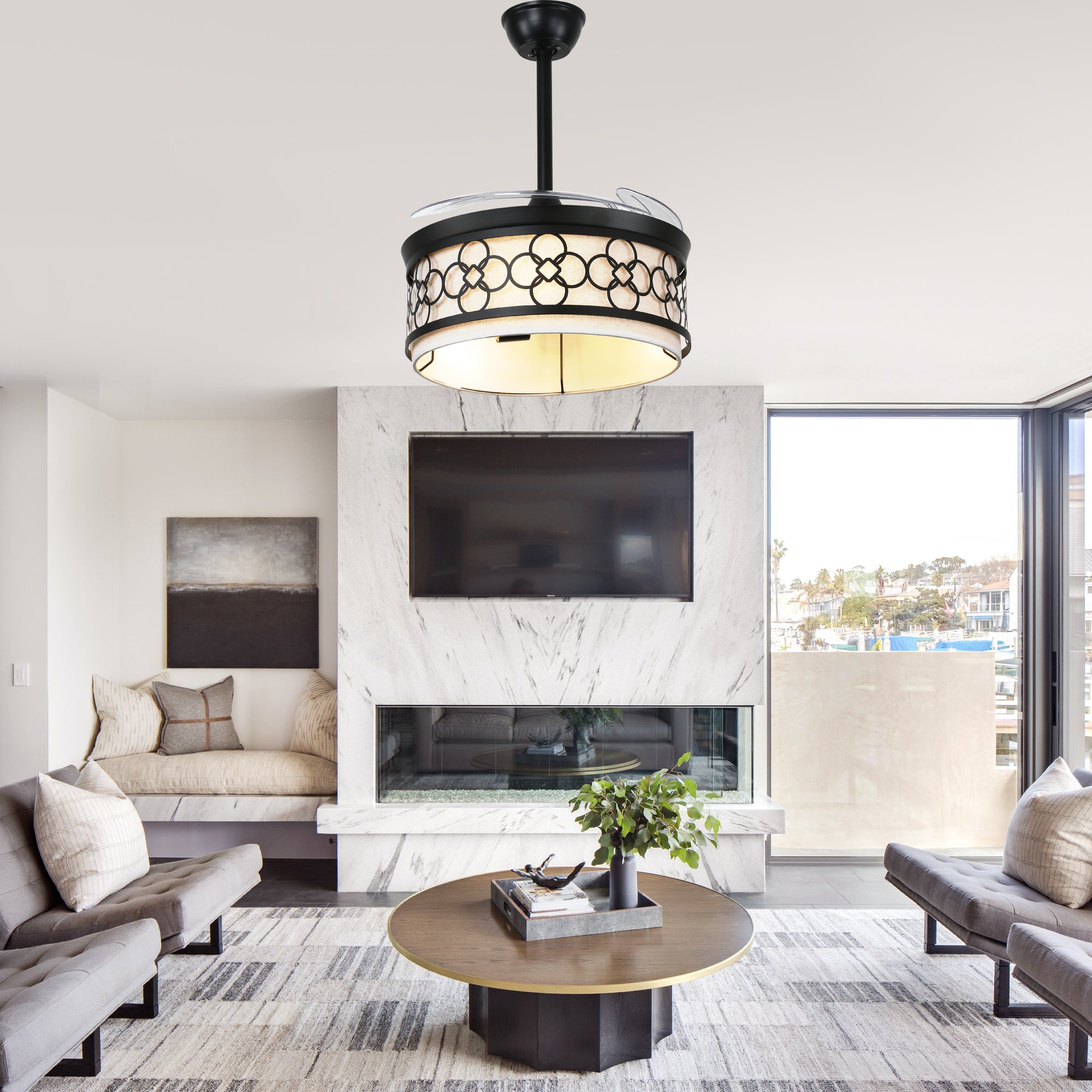 42 Inch Black Retractable Ceiling Fan with Lights and Remote, 6 Speeds DC Motor Farmhouse Black Bladeless Ceiling Fan for Bedroom