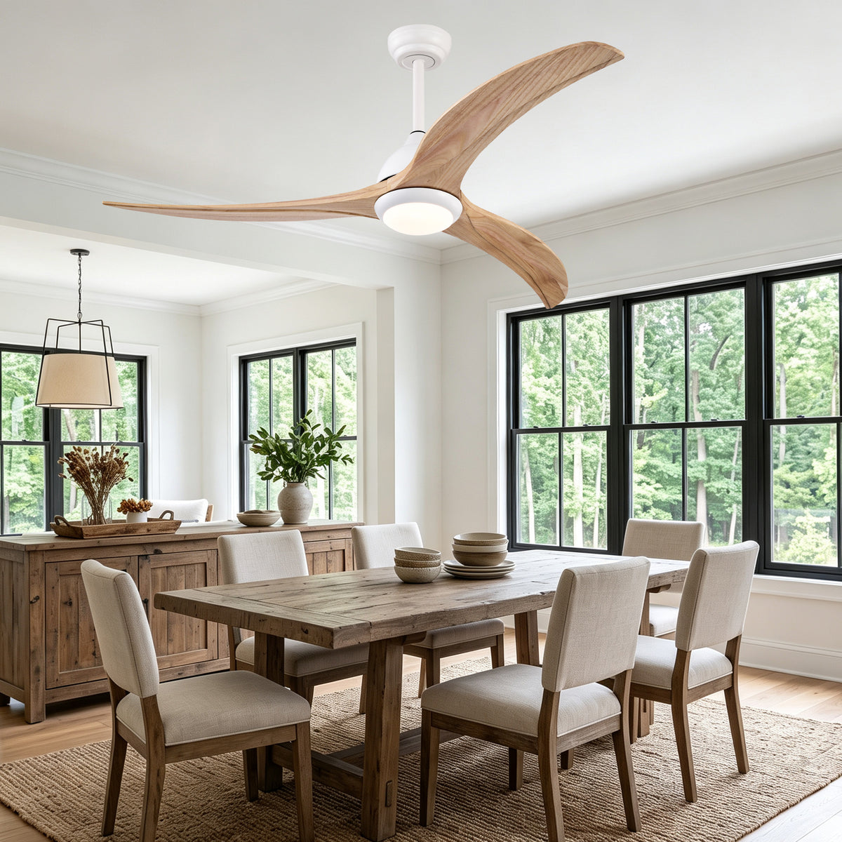 52 Inch Modern Farmhouse Matte White Solid Wood Blade Ceiling Fan with Lights & Remote Control, 6 Speed DC Motor Reversible Ceiling Fan