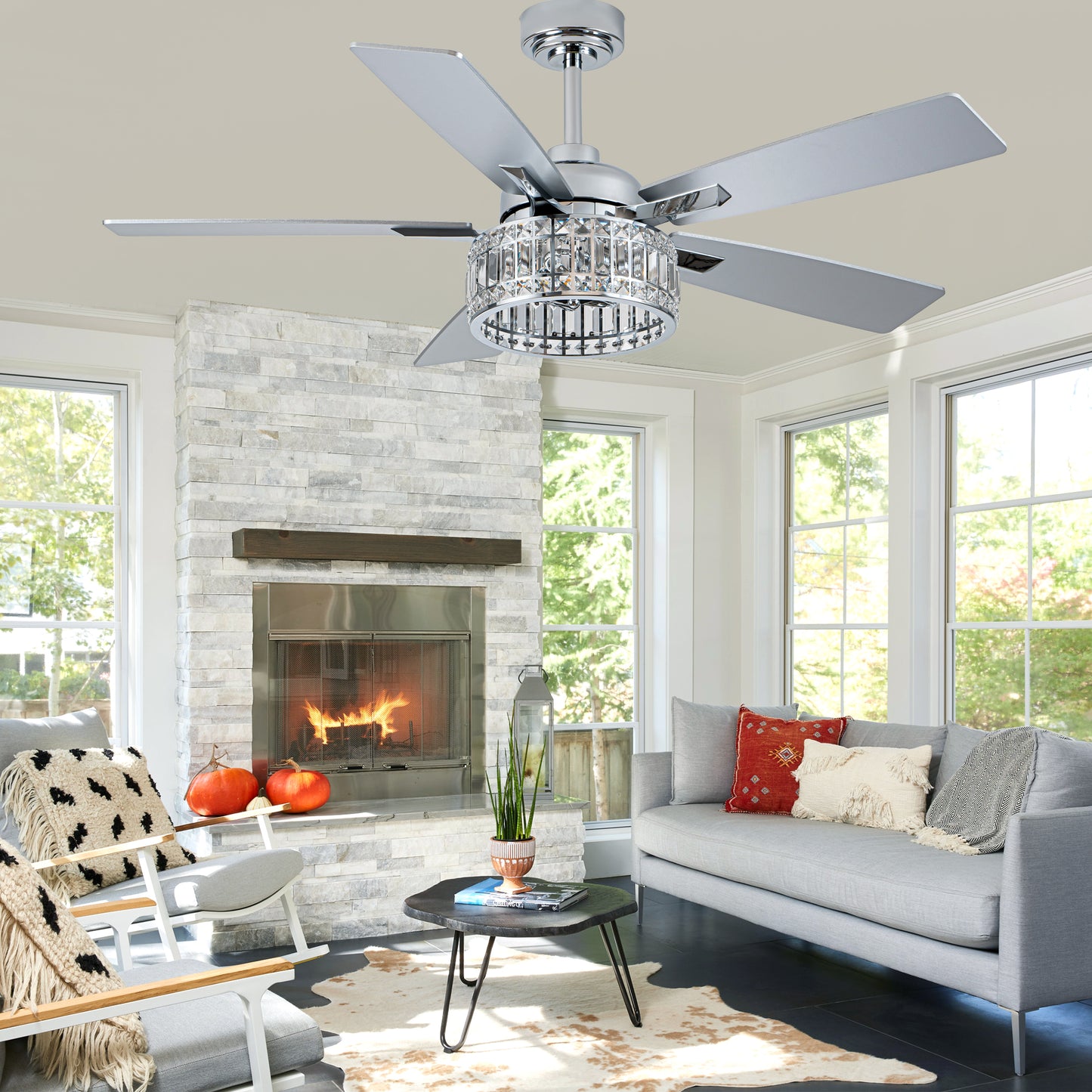 BellaDepot 52" Luxury Crystal Caged Chrome Ceiling Fan with Remote Control, 6 Speeds Ceiling Fan with Lights for Living Room- DC5227-MD