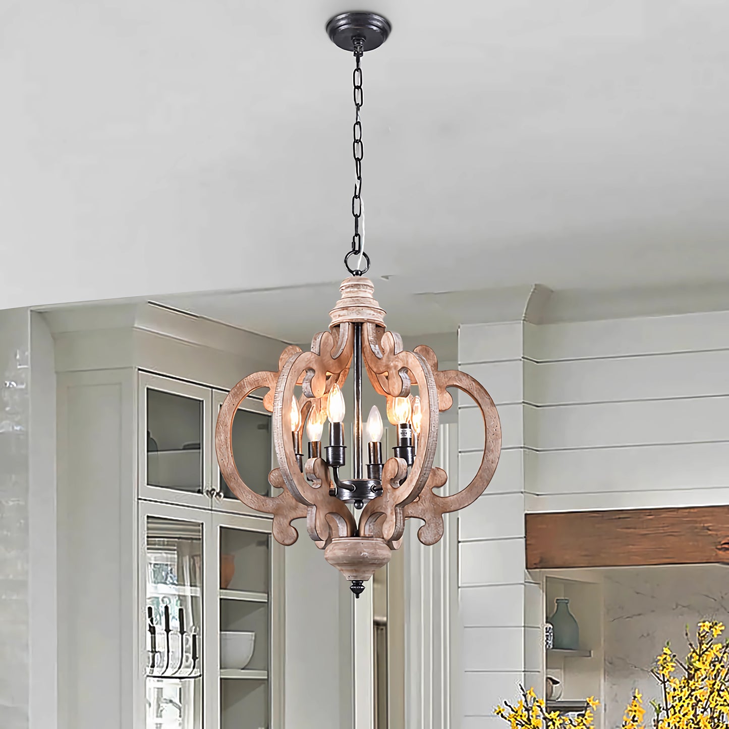 FC4002-Distressed Wood/Distressed White Cottage Farmhouse Vintage Style Distressed Wood Chandelier, 6-Lights, Geometric Pendant Light