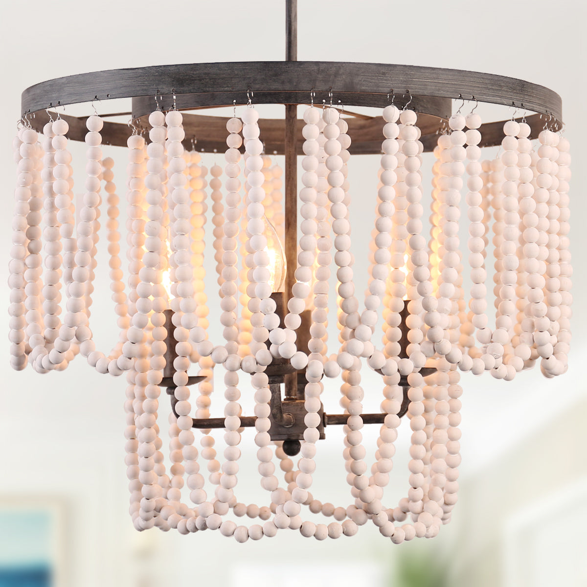 FC4039-19.7" 4 Light Vintage Style Wooden Beads Chandelier, for Home Decor