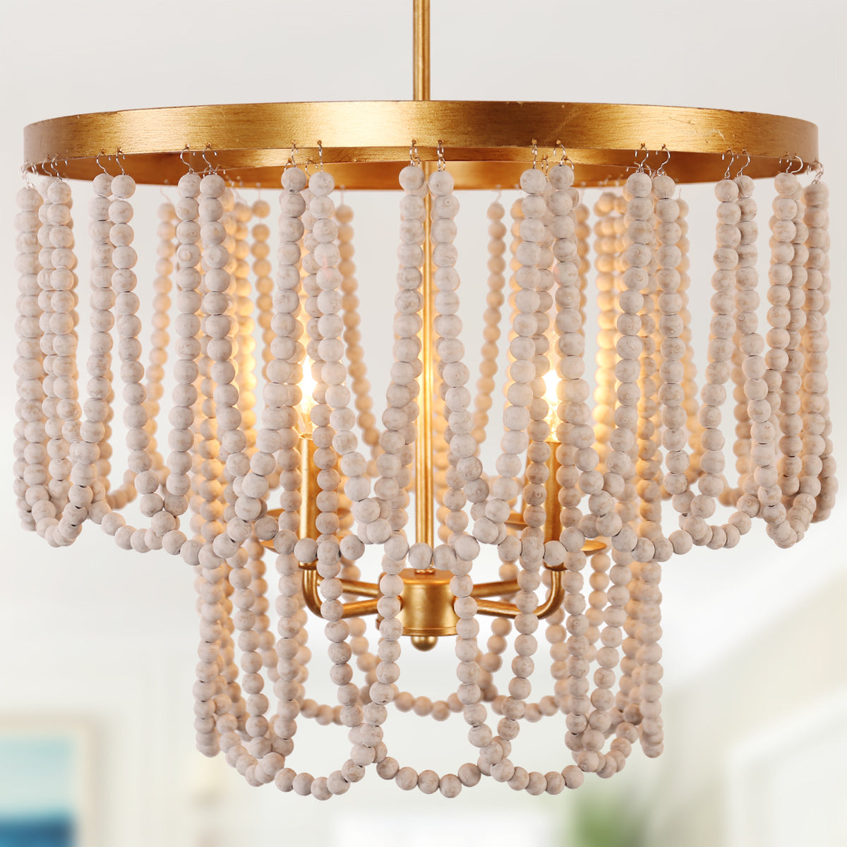 FC4039-19.7" 4 Light Vintage Style Wooden Beads Chandelier, for Home Decor