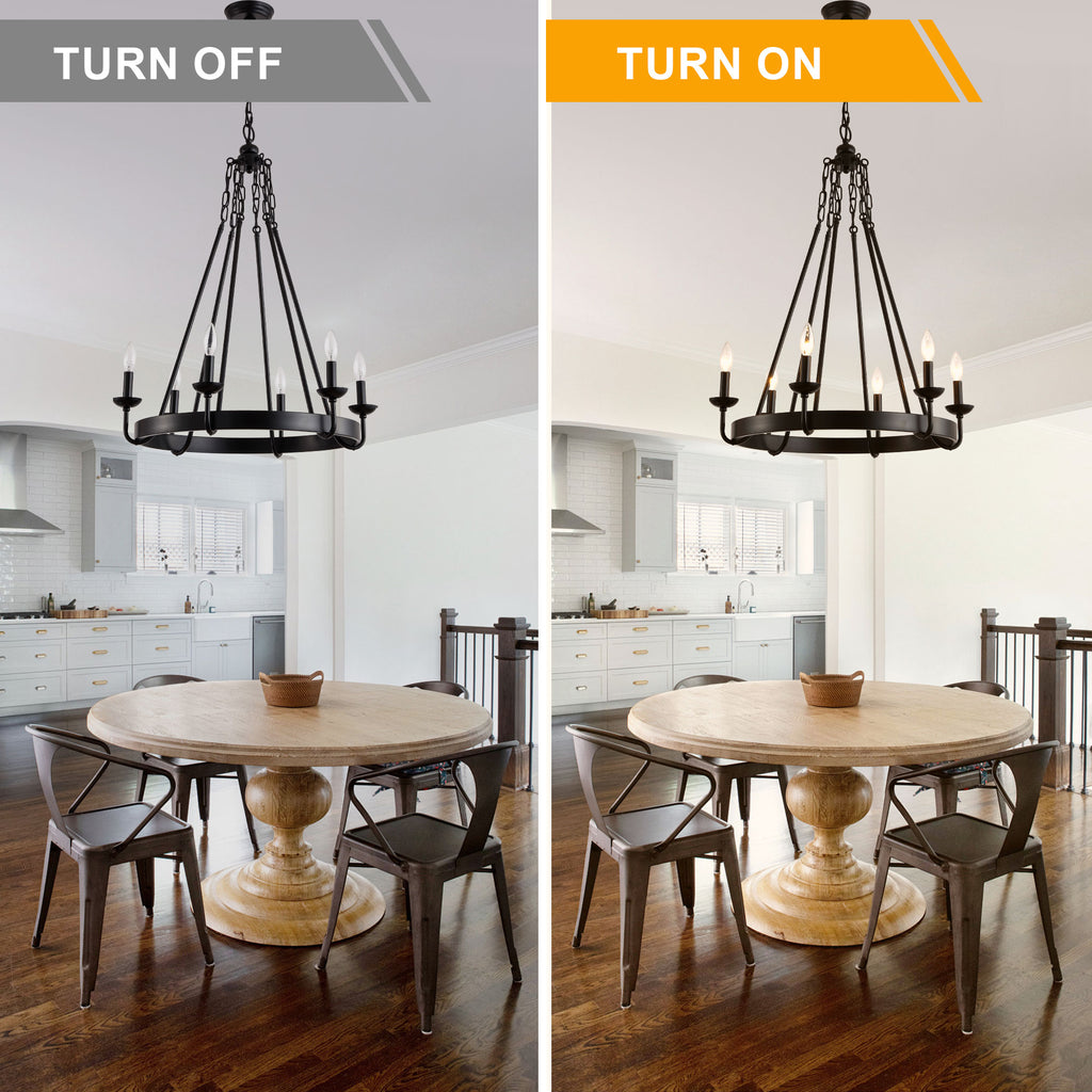 6 - Light Farmhouse Industrial Wagon Wheel Candle Chandelier, 25 Inch Round Matte Black Chandelier with Adjustable Chain, Rustic Candle-Style Pendant Light for Dining Room