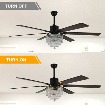 DC6502-B-65" Black Metal Crystal Wooden Reversible Ceiling Fan, with Remote and 3 Lights, DC Motor, 6 Speeds